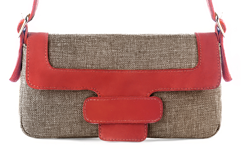 Tan beige and scarlet red women's dress handbag, matching pumps and belts. Profile view - Florence KOOIJMAN